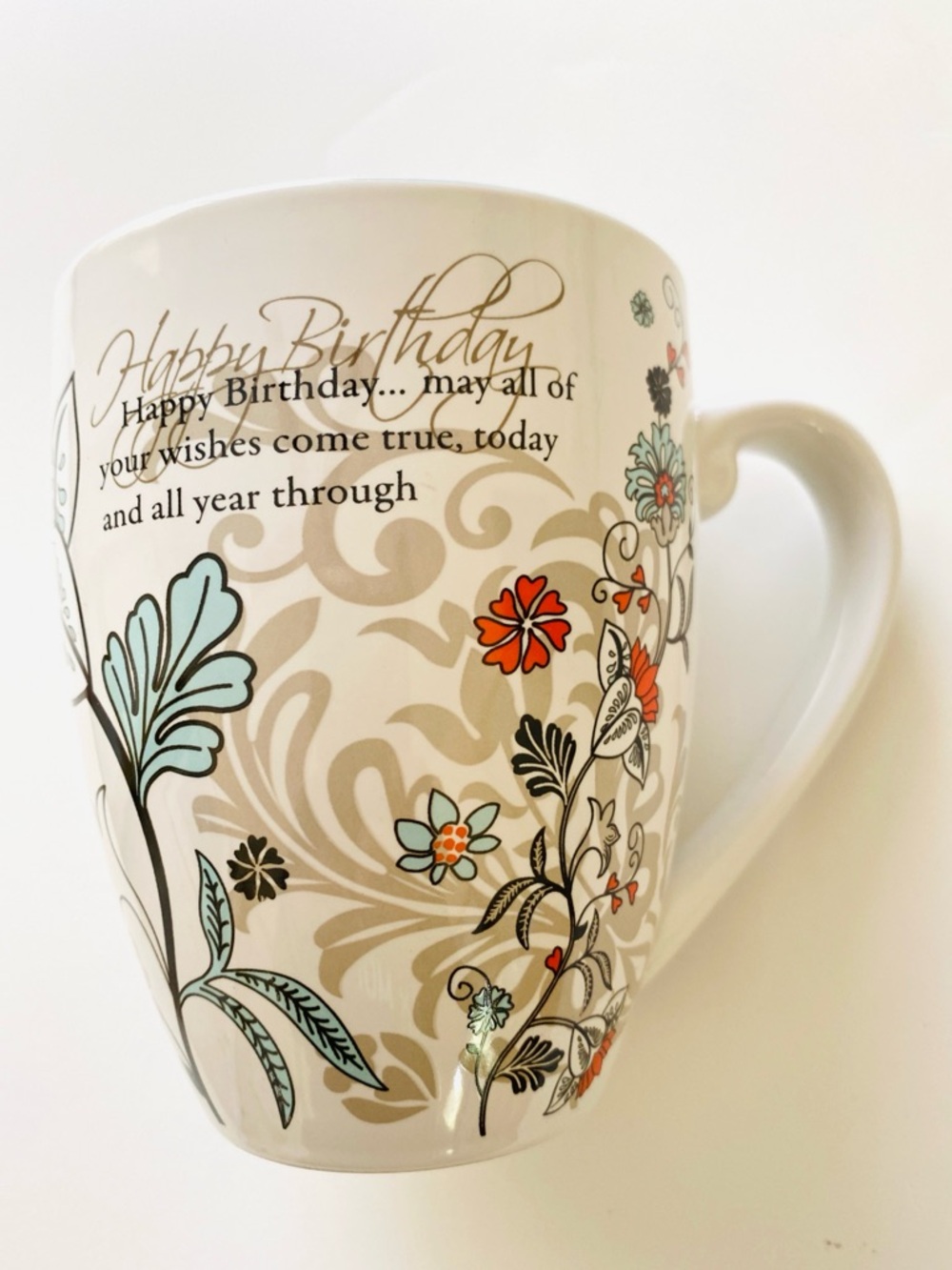 Mark My Words Floral "Happy Birthday" Ceramic Mug in Cream Aqua & Orange Accents